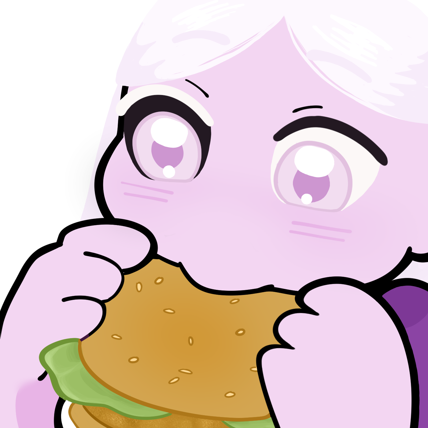 Purple Lily eating burger